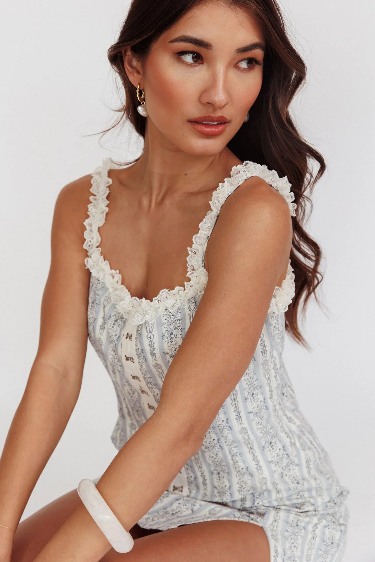 Palmas Hook & Eye Lace Trim Top Floral Blue