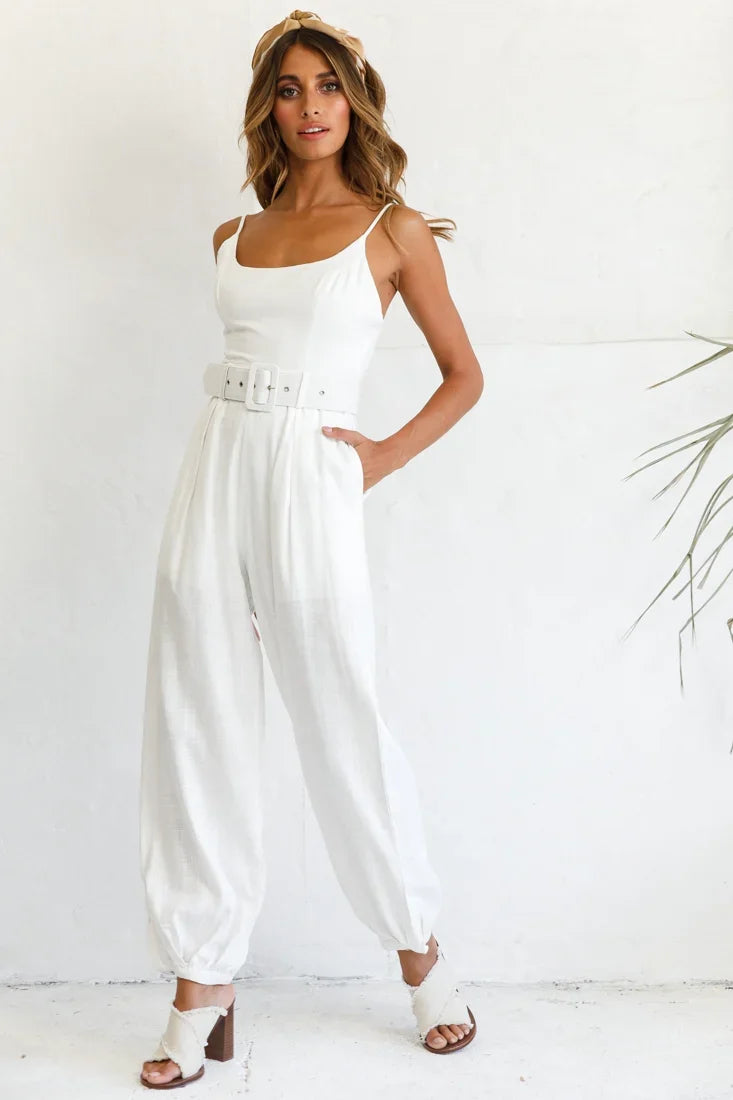 Santa Barbara Cuffed Hem Belted Jumpsuit White