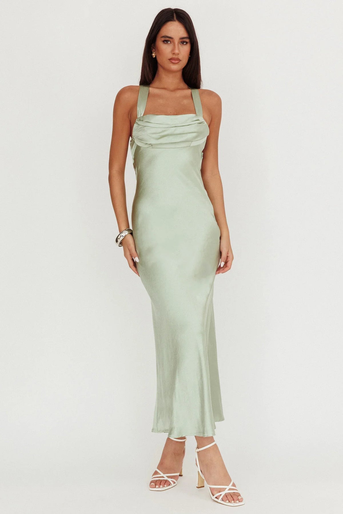 Favorite Part Crossover Back Satin Maxi Dress Sage