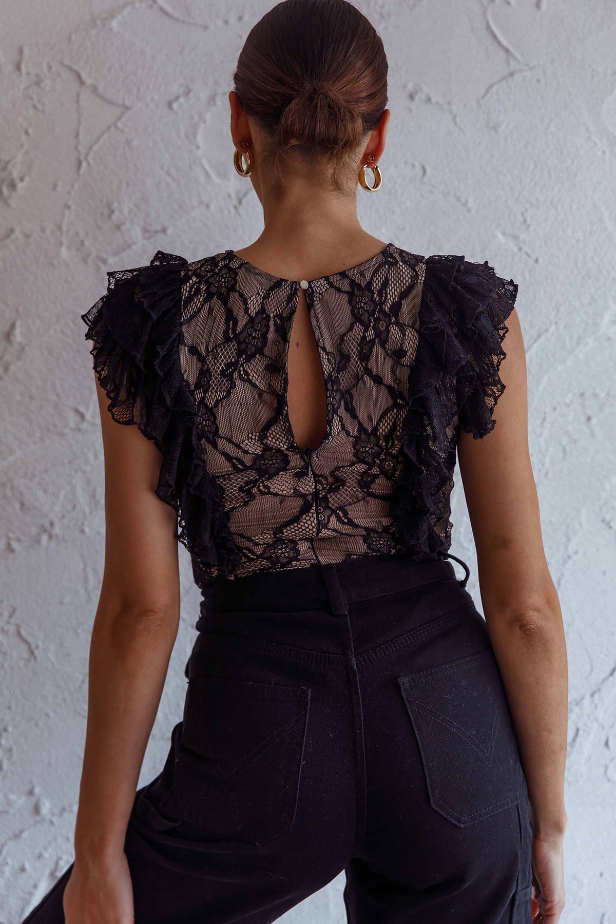 Spring Fling Frill Trim Lace Bodysuit Black