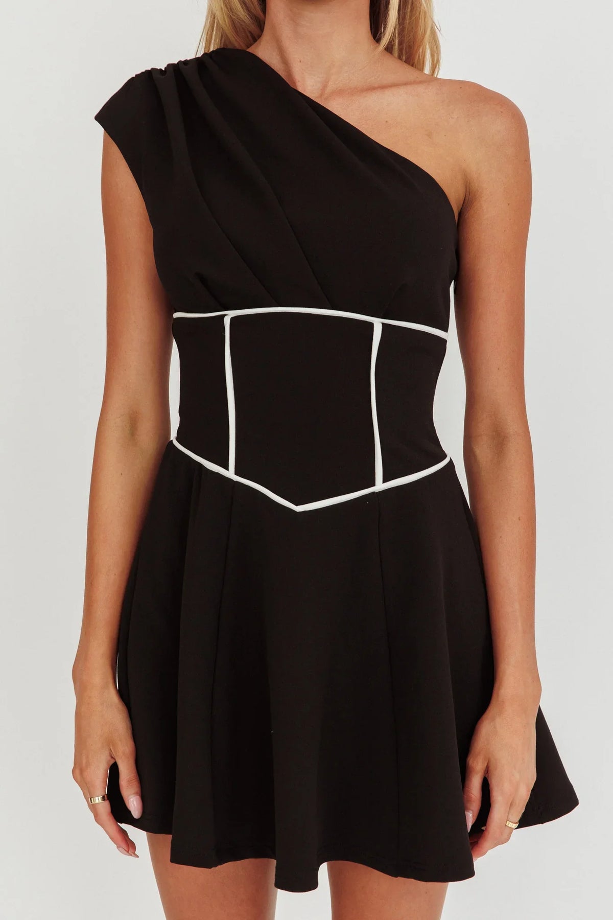 Carissa One-Shoulder Piping Mini Dress Black