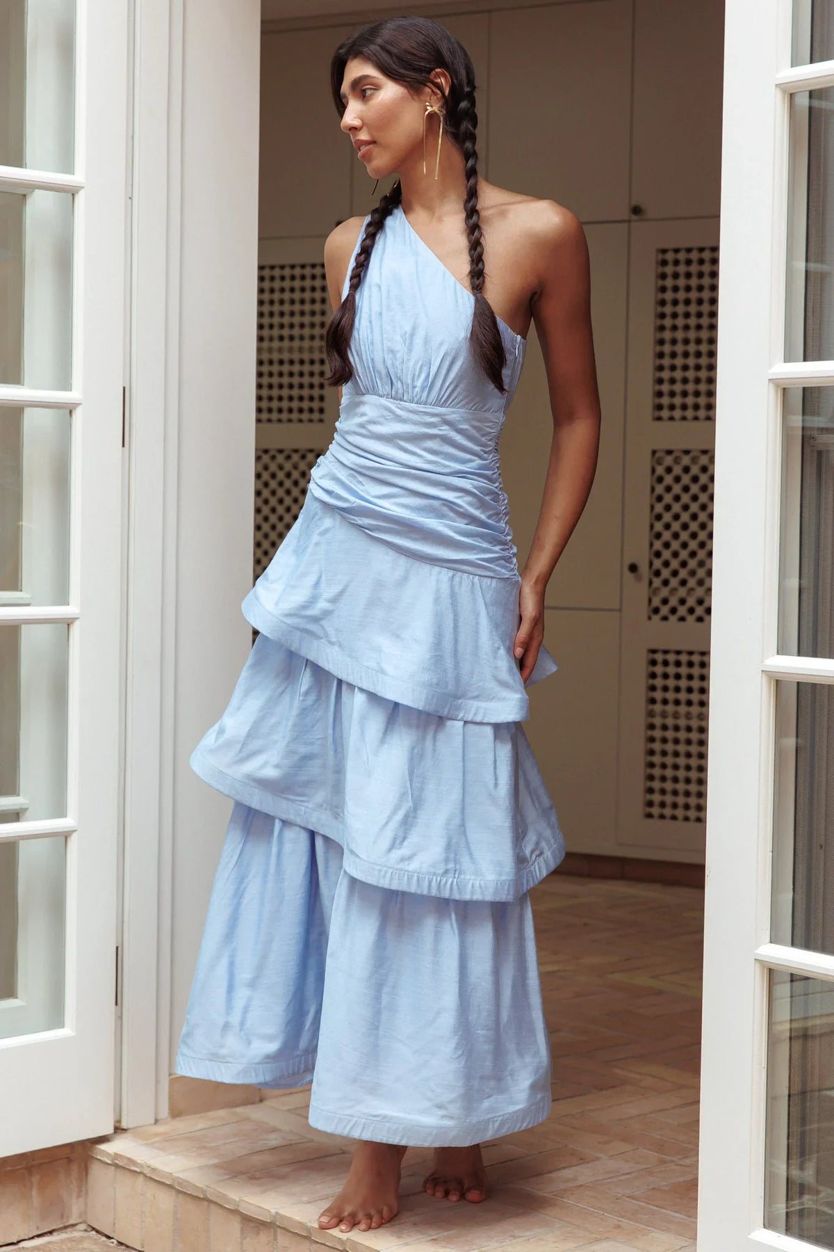 Kenny One Shoulder Tiered Maxi Dress Solid Blue