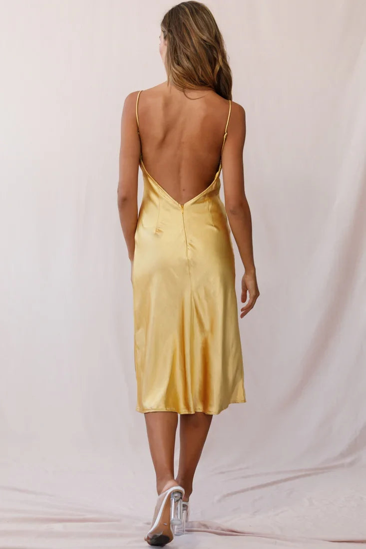 Double Take Draped Bust Midi Dress Mustard