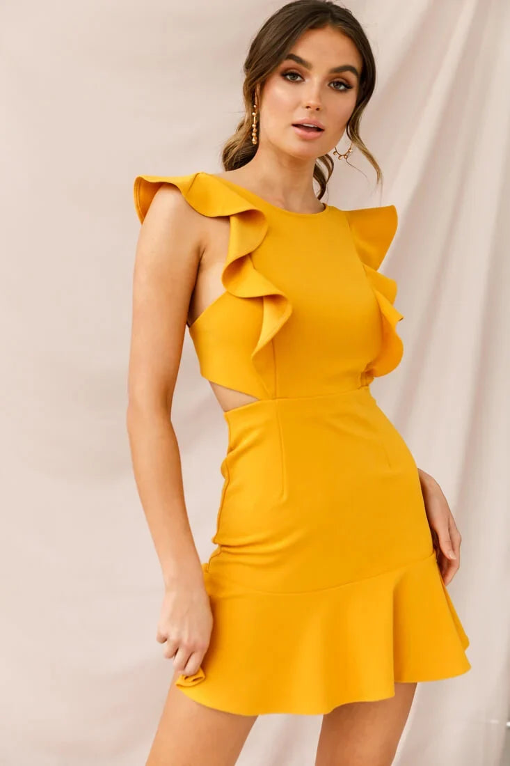 Jackie Wide Ruffle Hem Pinafore Dress Mustard