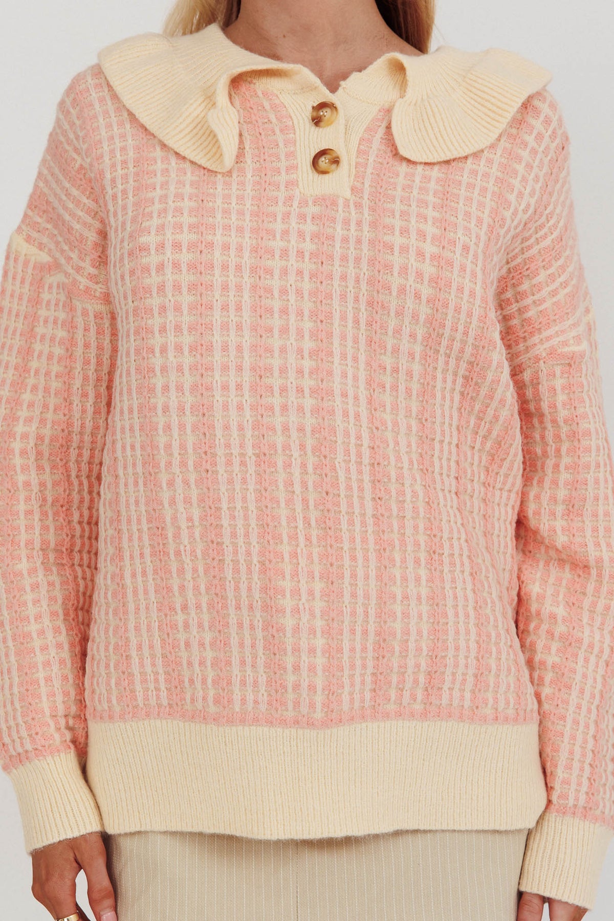 Rewrite Quarter Button Knit Sweater Coral