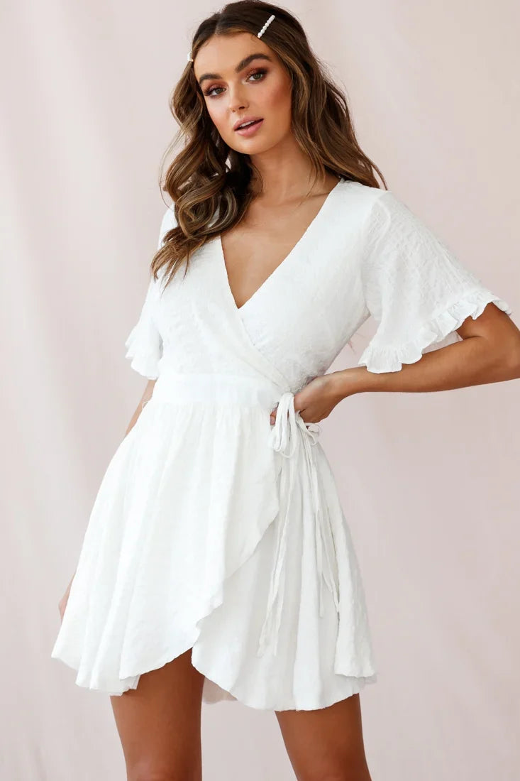 Cara Frill Trim Wrap Dress White