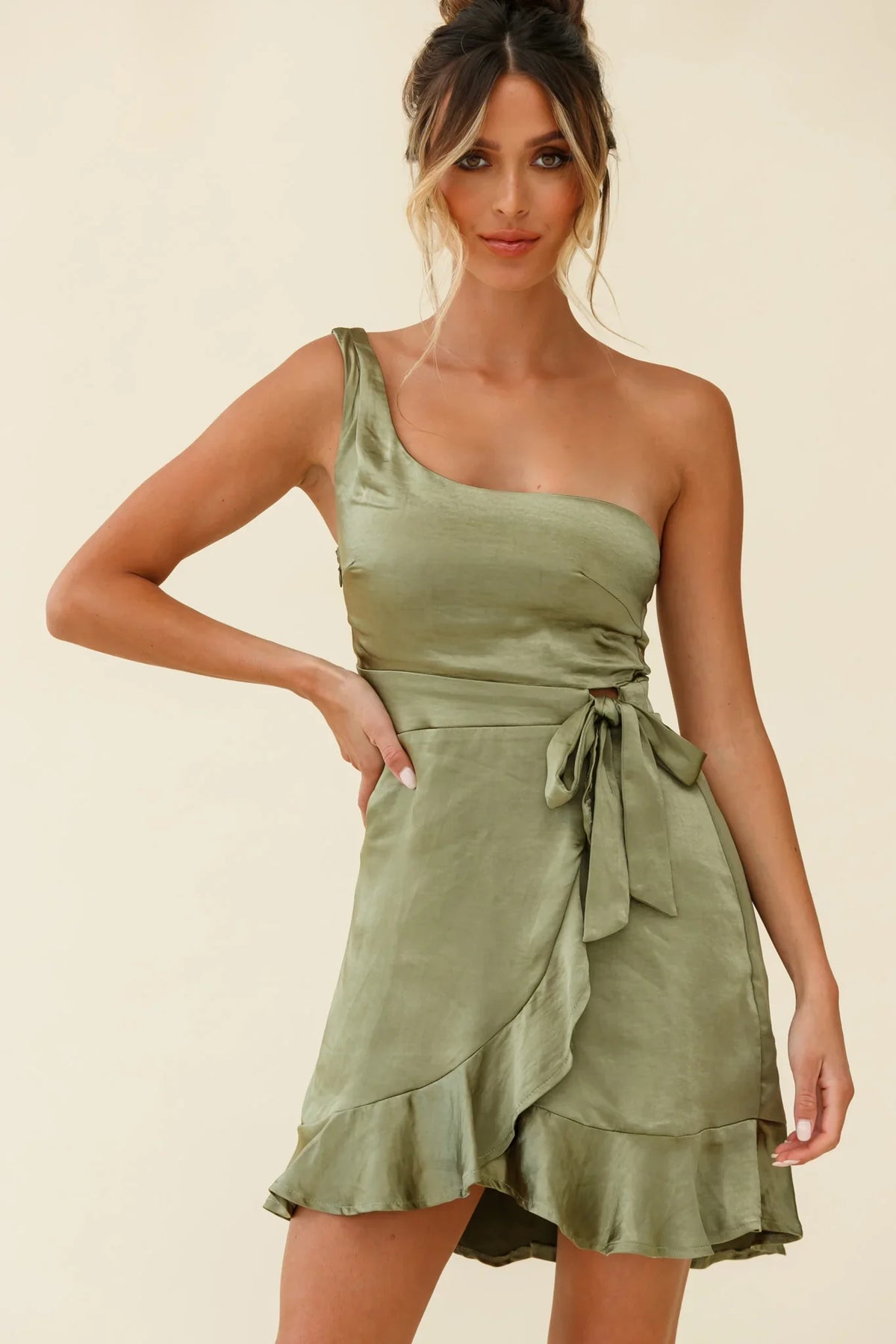 Waiting For Tonight One Shoulder Faux Wrap Dress Olive