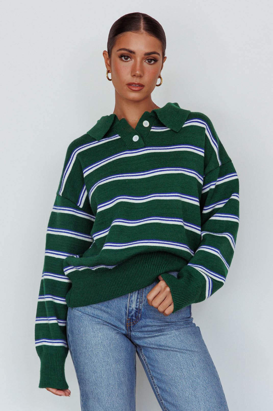 Boston Collared Knit Sweater Striped Forest Green