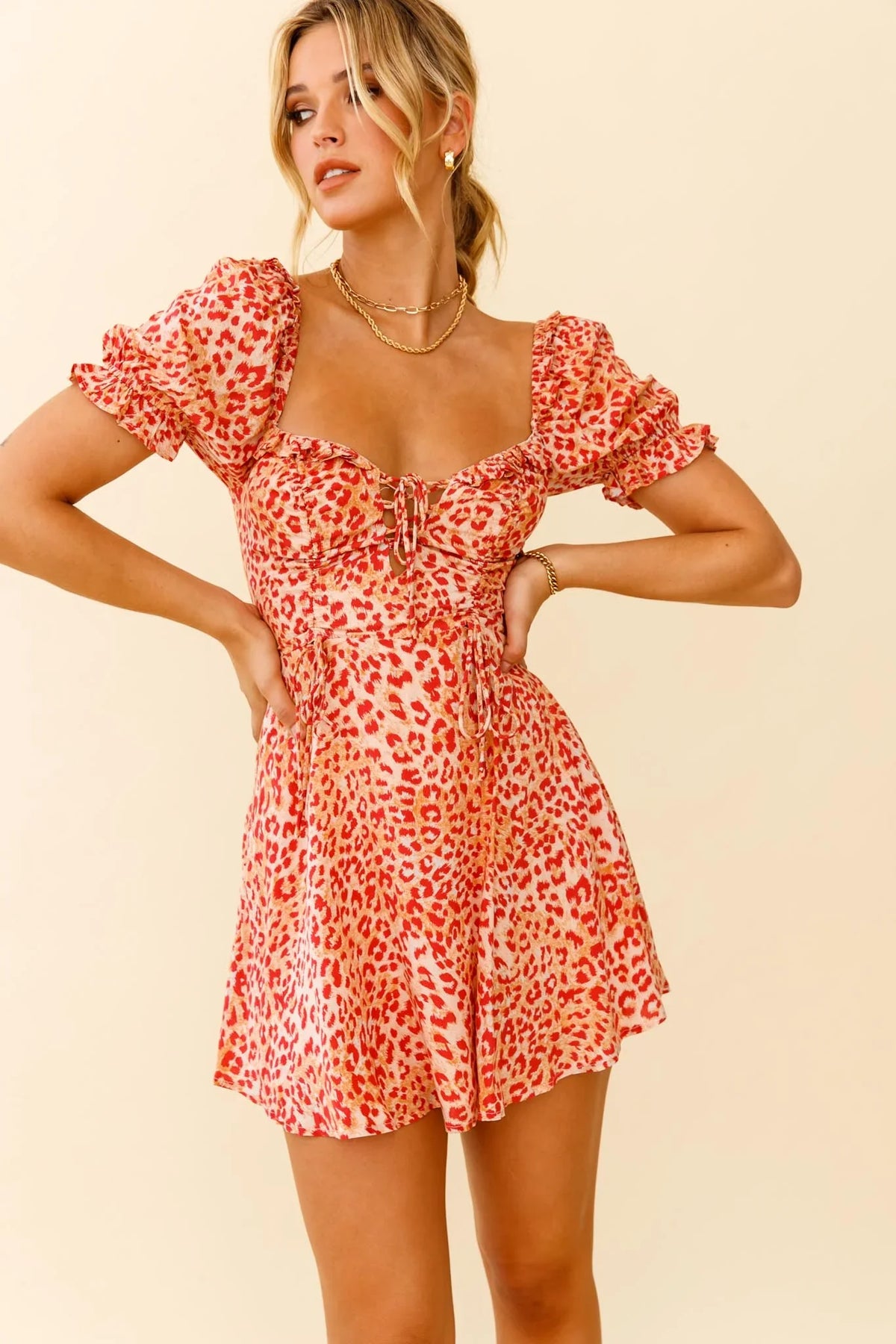 La Quinta Lace-Up Bust Drawstring Detail A-Line Dress Leopard Print Orange