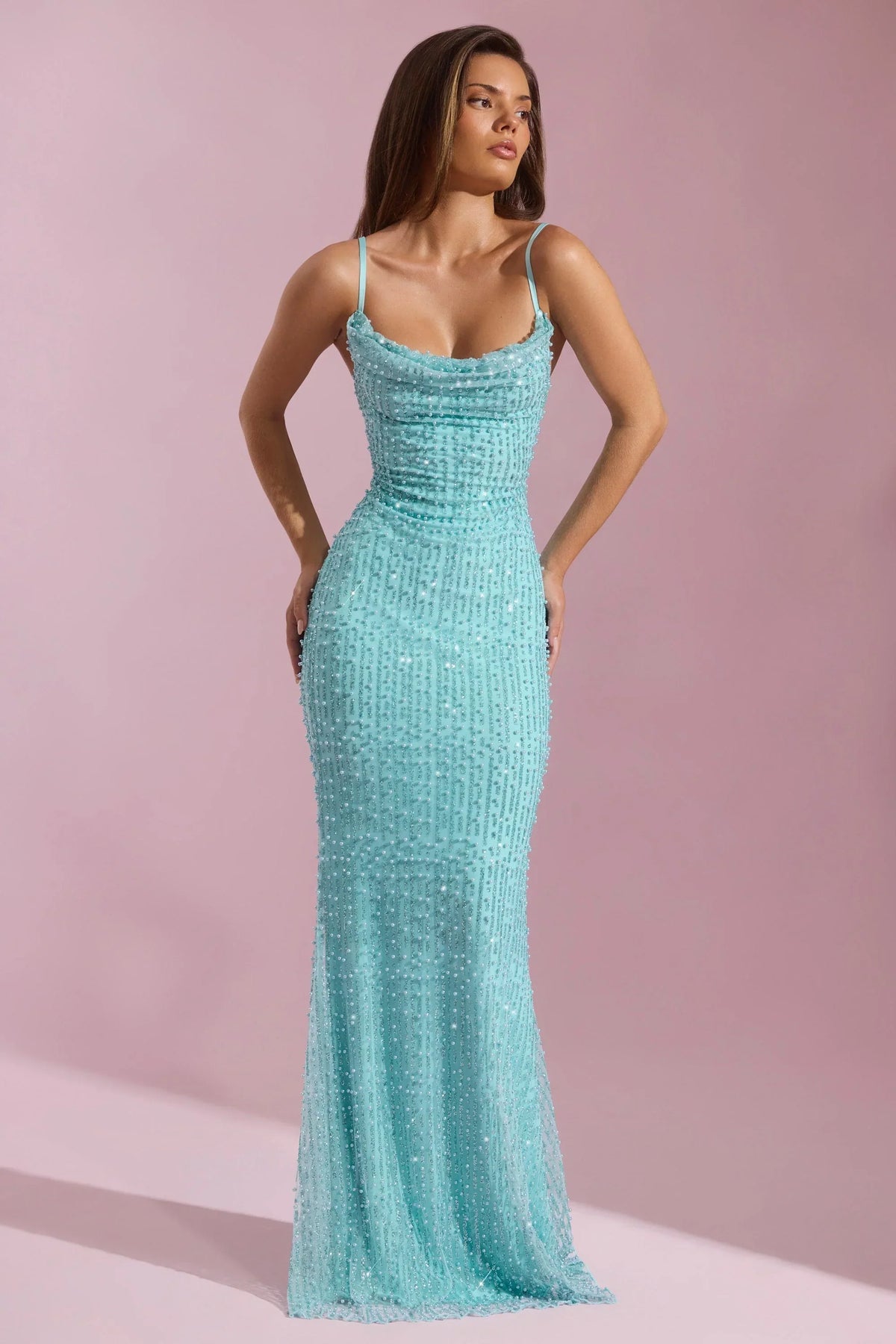 Embellished Cowl-Neck Backless Maxi Dress in Aqua Blue