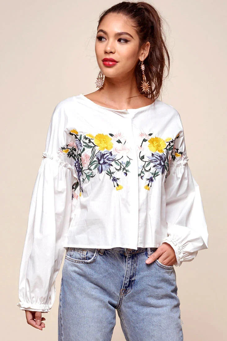 Olivia Floral Embroidered Cinched Wrist Shirt White