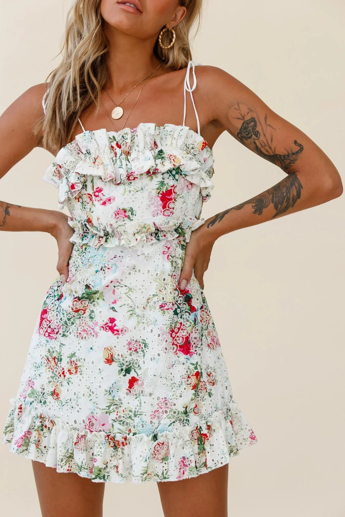 Frill Seeker Eyelet Embroidery Tied Back Dress Floral Print Multi