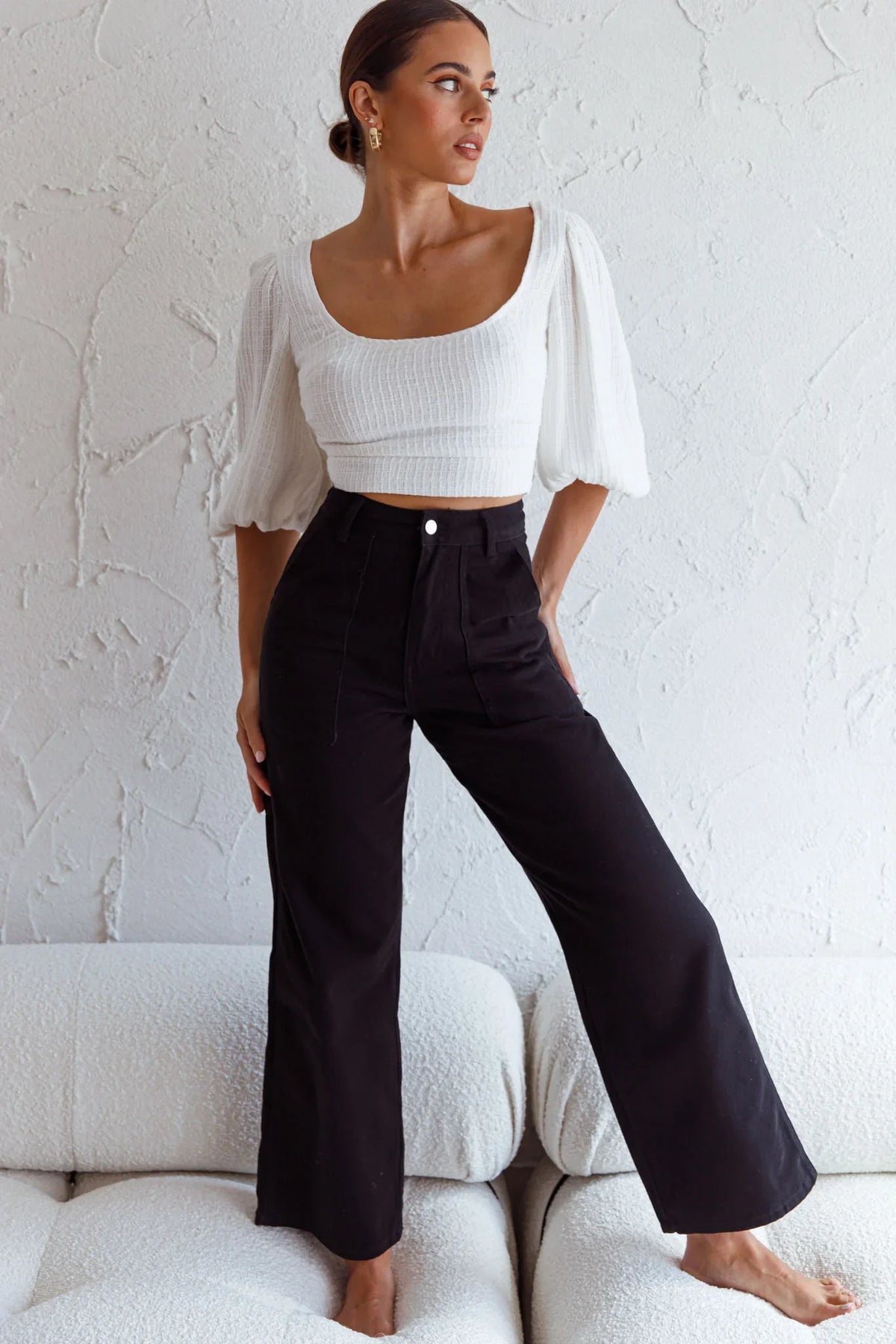 Love Like This Balloon Sleeve Open Back Crop Top Textured White