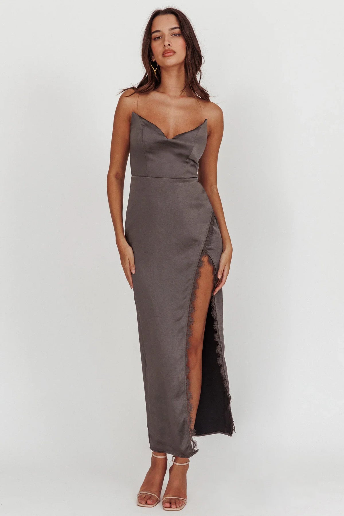 Winter Moon Strapless Lace Trim Midi Dress Charcoal