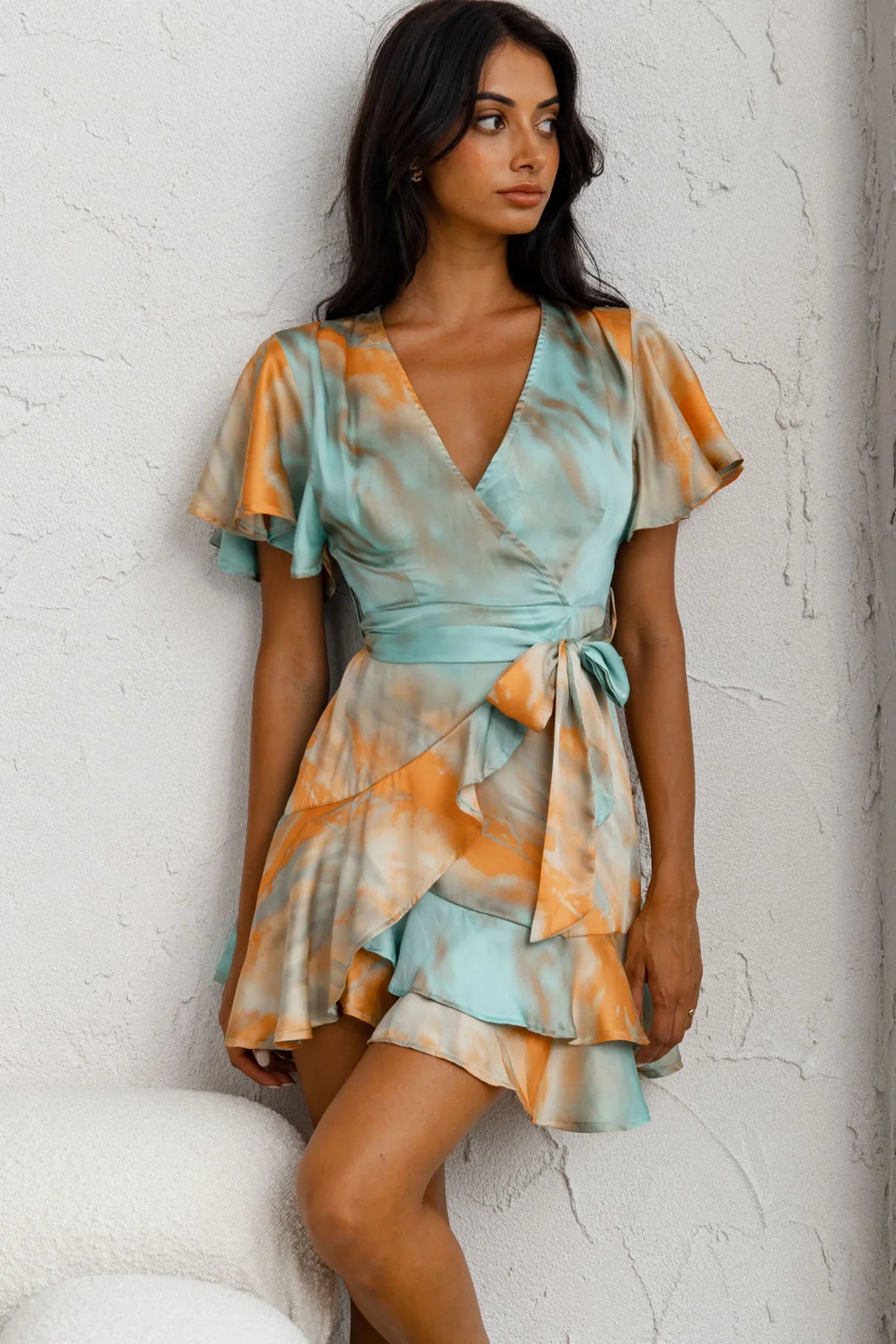 Cami Angel Sleeve Faux Wrap Dress Tie-Dye Print Aqua/Orange