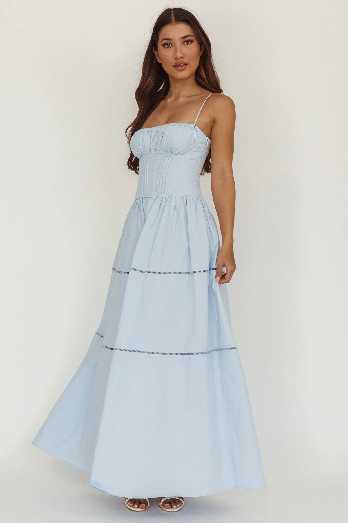 Heavenly Glow Gathered Bust A-Line Maxi Dress Blue