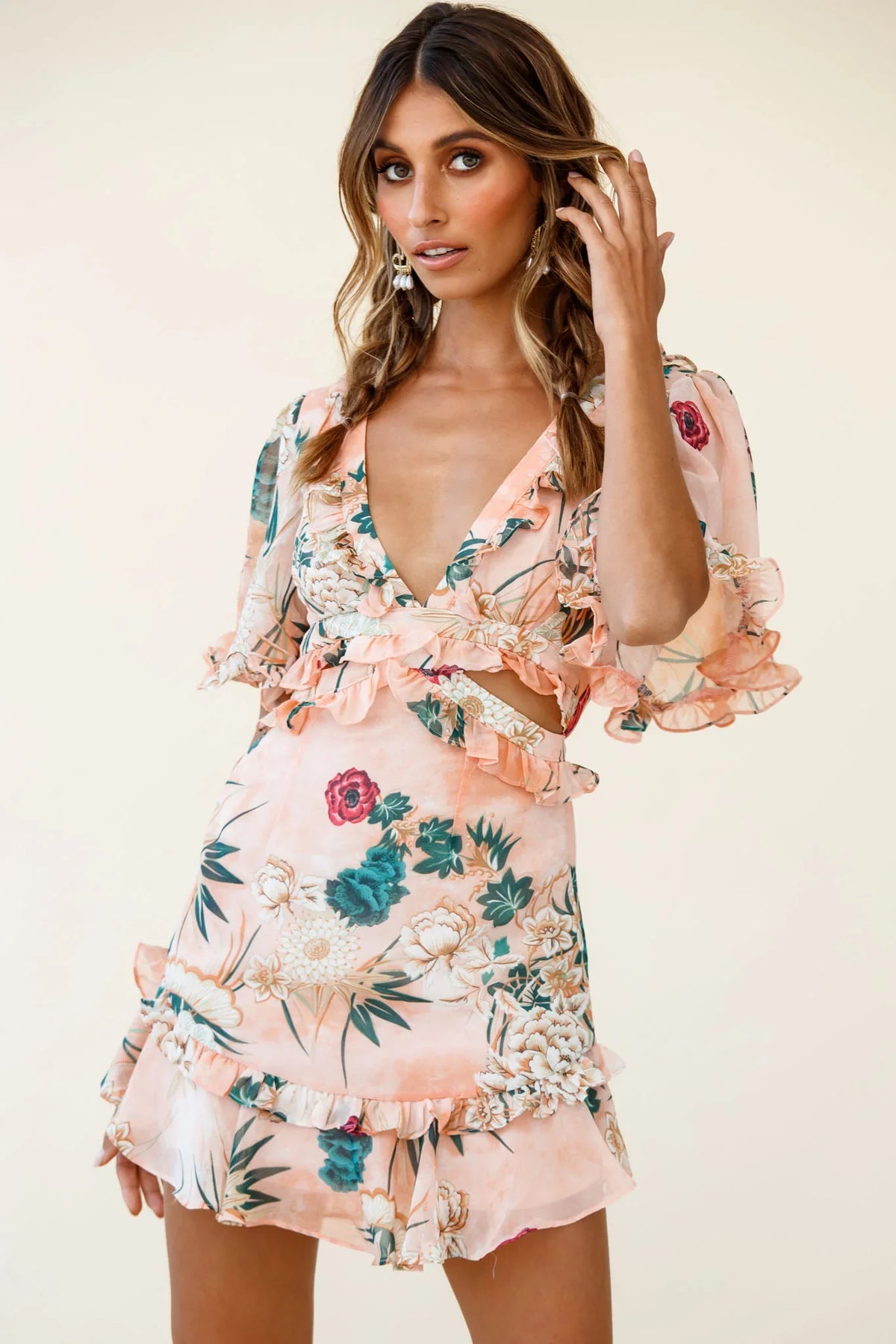 My Belle Cut-Out Detail Frill Accent Dress Floral Print Orange