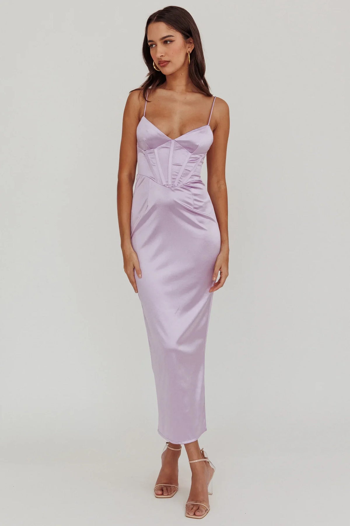 Seraya Lace-Up Back Satin Maxi Dress Lilac