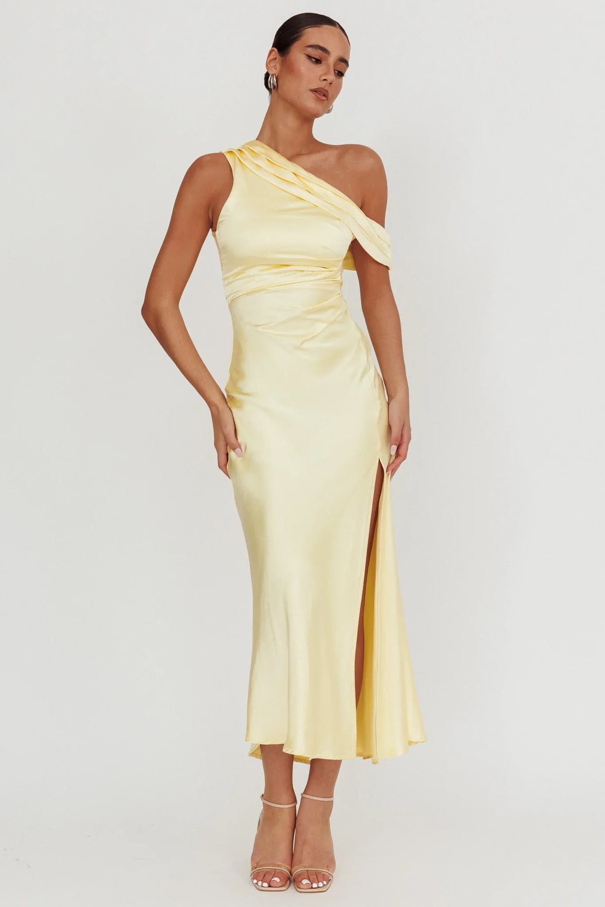 Floret Asymmetric Neckline Midi Dress Butter
