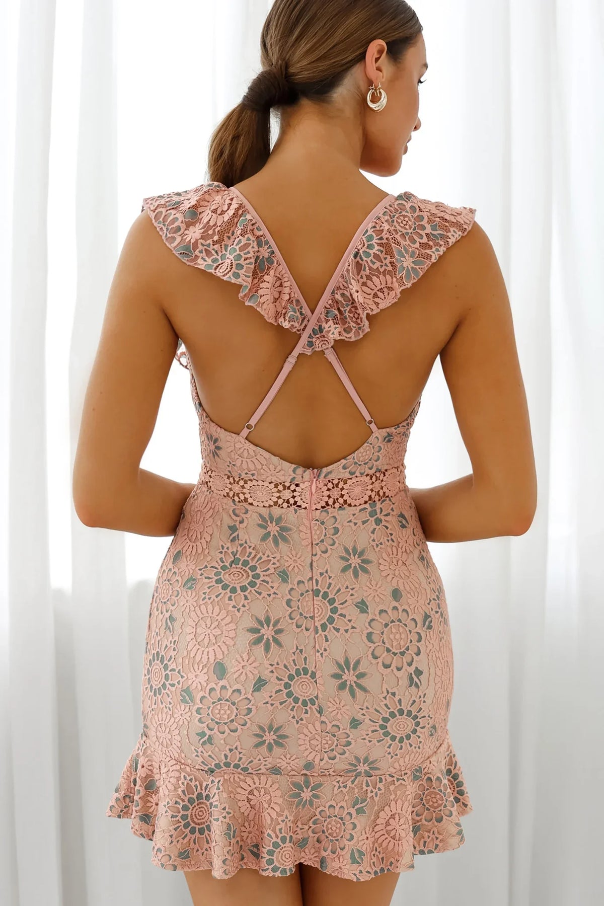 Short Story Ruffle Strap Criss-Cross Back Dress Floral Lace Blush/Teal