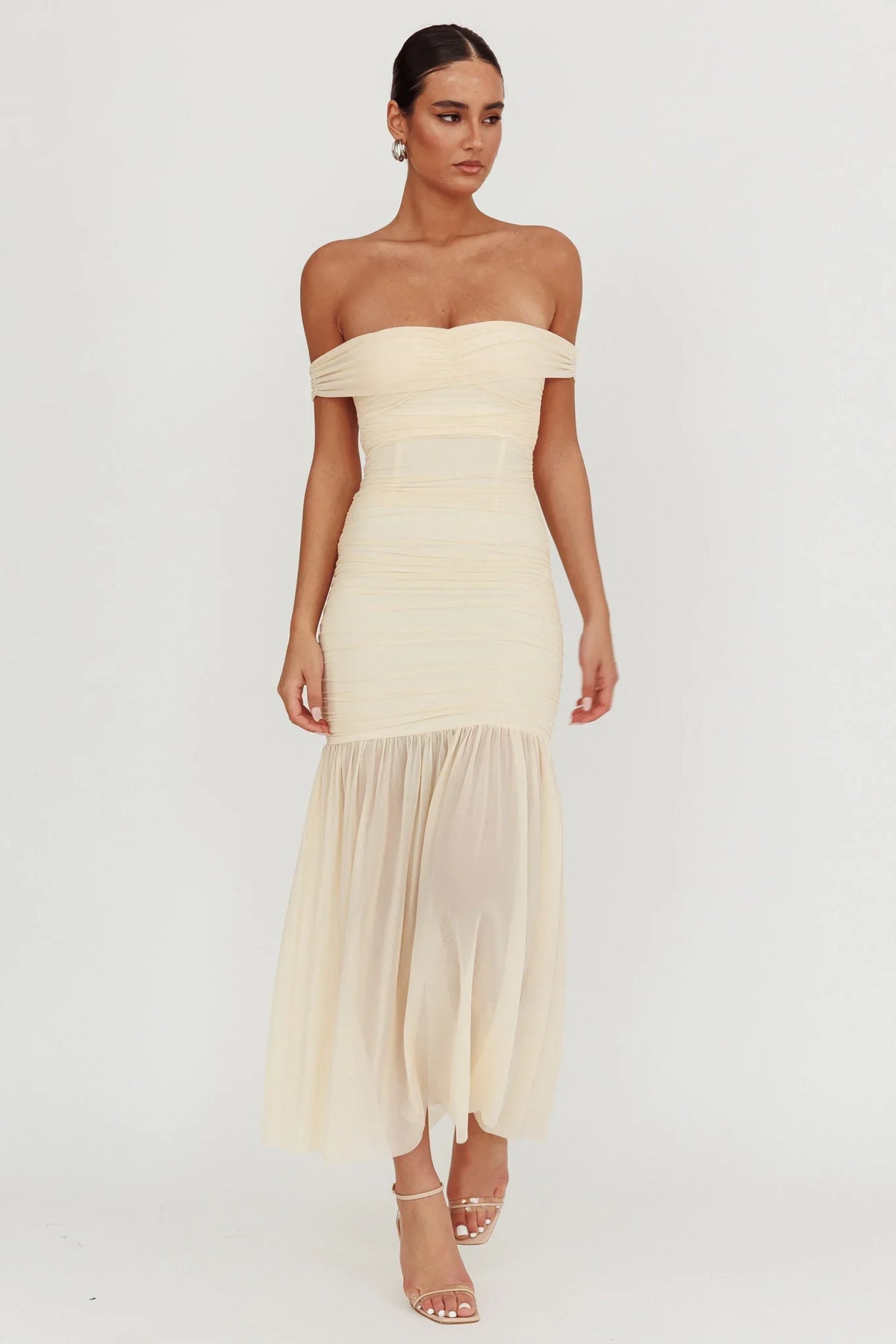 La Salle Off Shoulder Mesh Maxi Dress Ivory