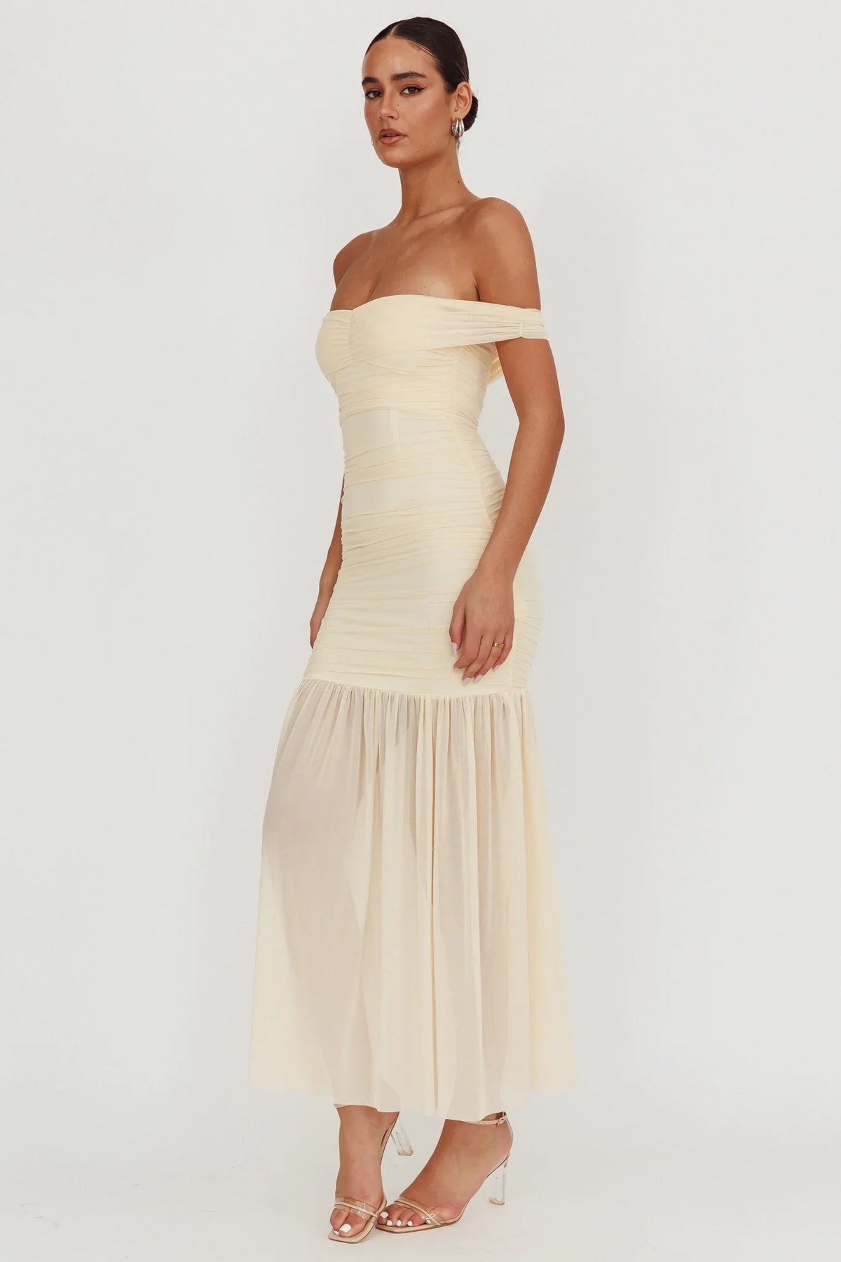 La Salle Off Shoulder Mesh Maxi Dress Ivory