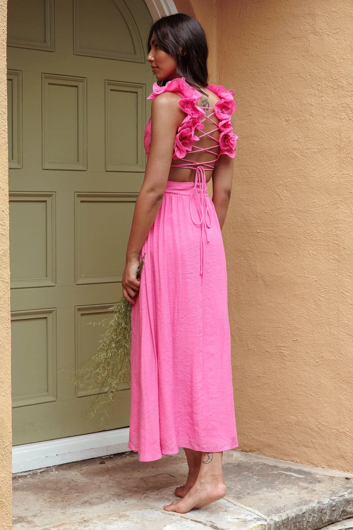 Madara Laced Back Ruffle Dress Hot Pink