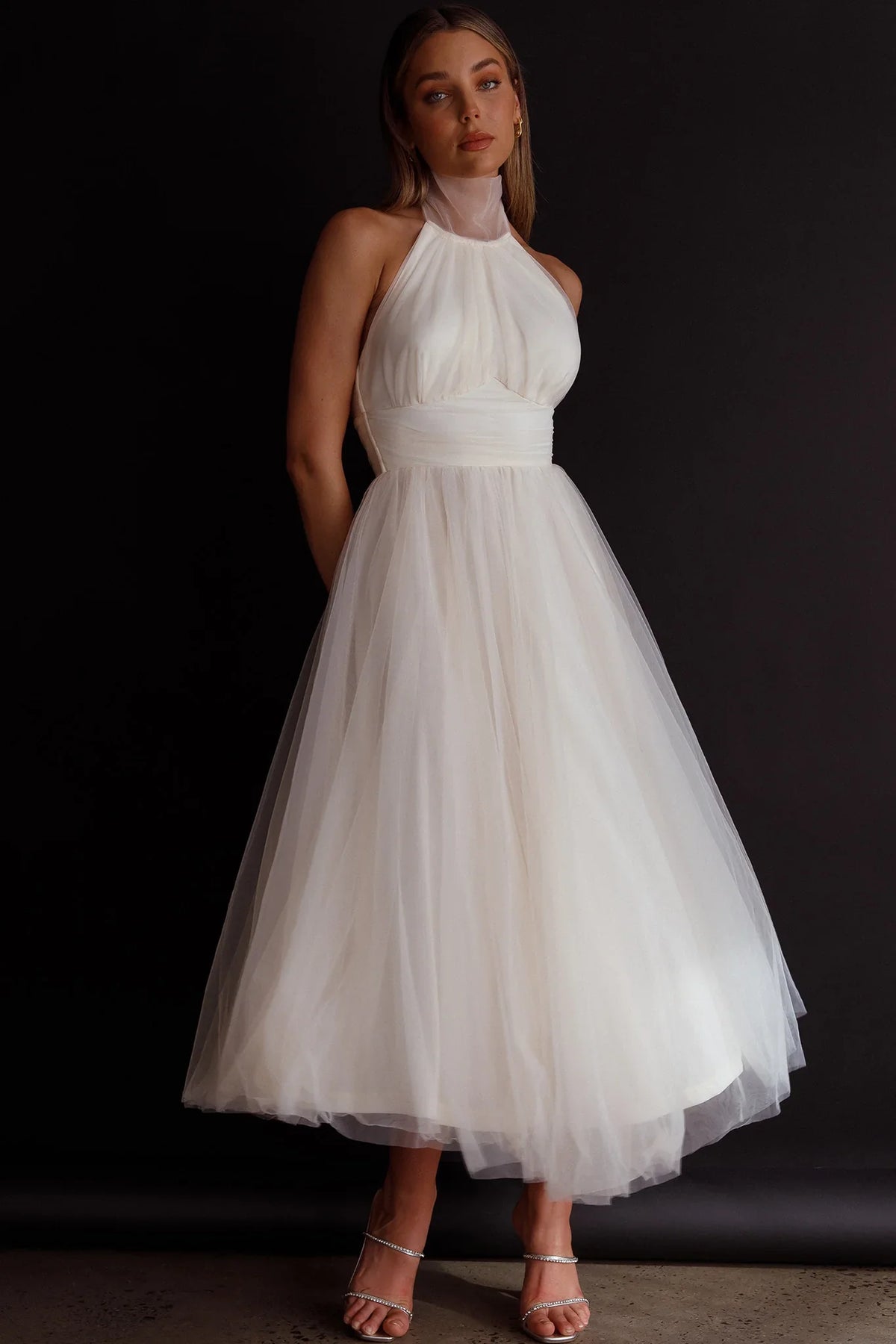 Andria Halterneck Tulle Midi Dress Ivory