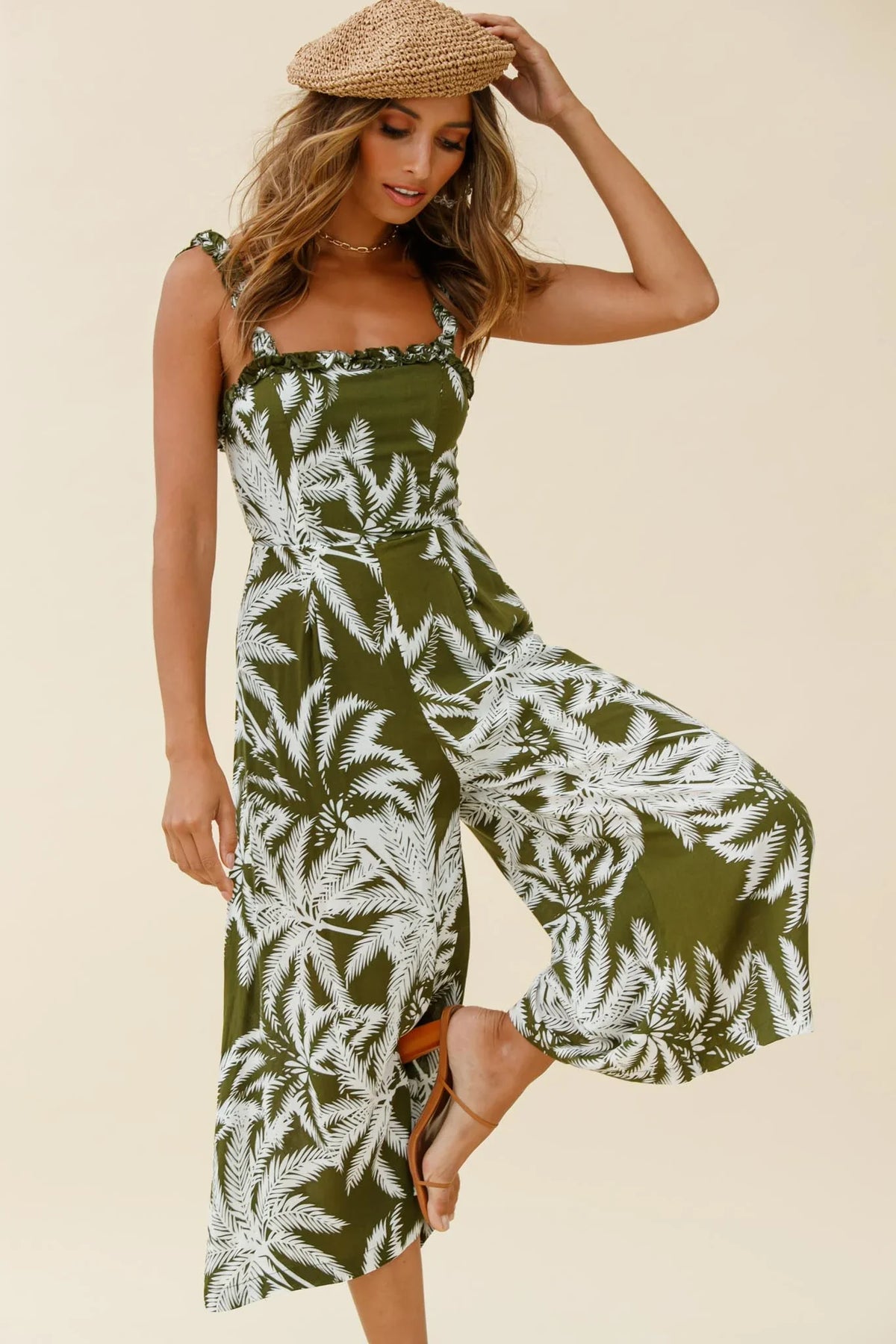Magdalene Frill Strap Midi Jumpsuit Palm Print Olive