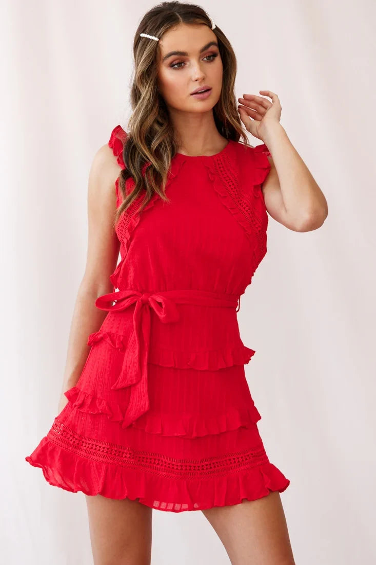 Olga Tiered Frill Detail Waist Tie Dress Red
