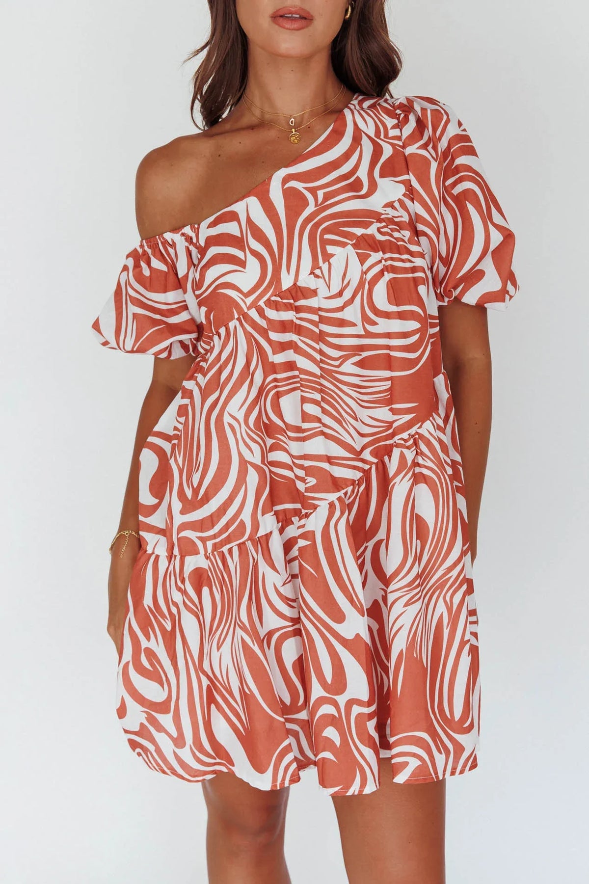 Villa Puff Sleeve One-Shoulder Dress Terracotta