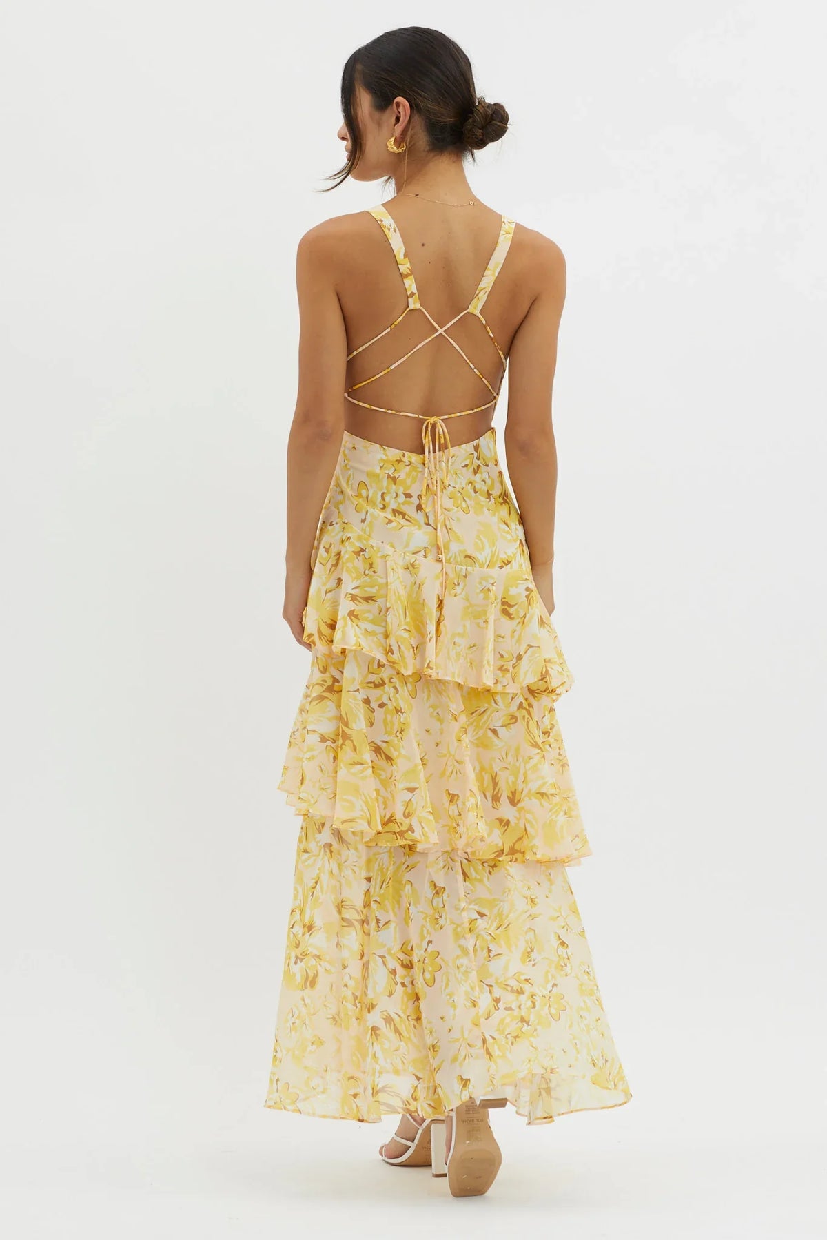 Veda Strappy Back Ruffle Midi Dress Floral Yellow
