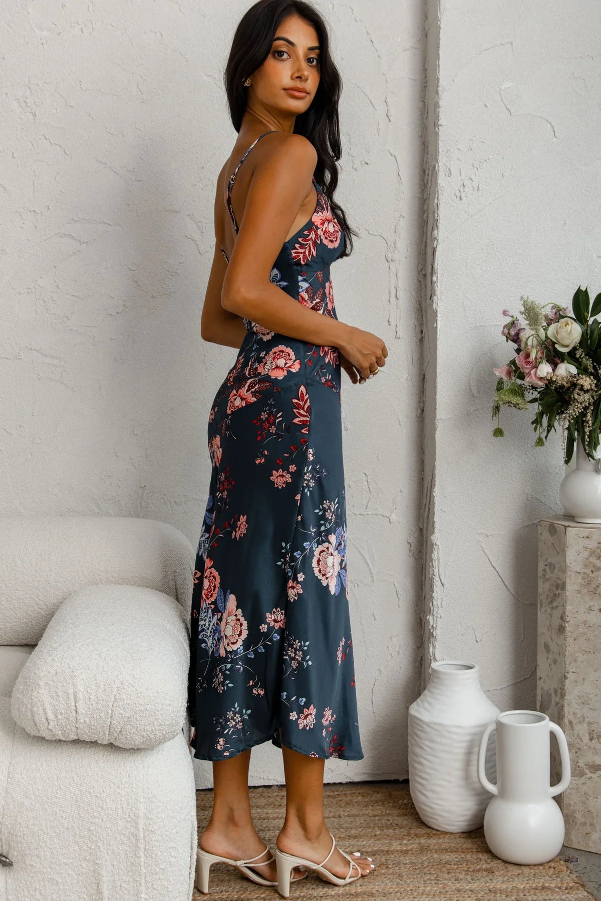 Downtown Cami Strap Front Split Midi Dress Oriental Flower Print Forest Green