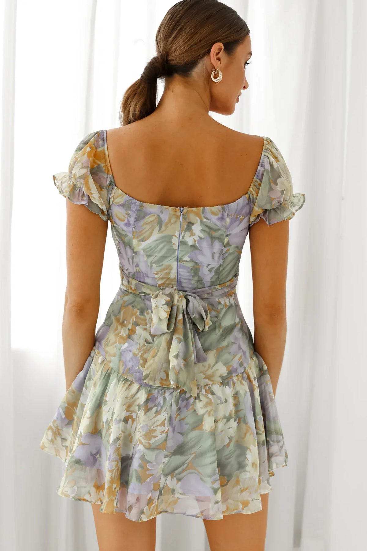 Linka Off-Shoulder Tie Back Fluted Hem Dress Floral Print Yellow