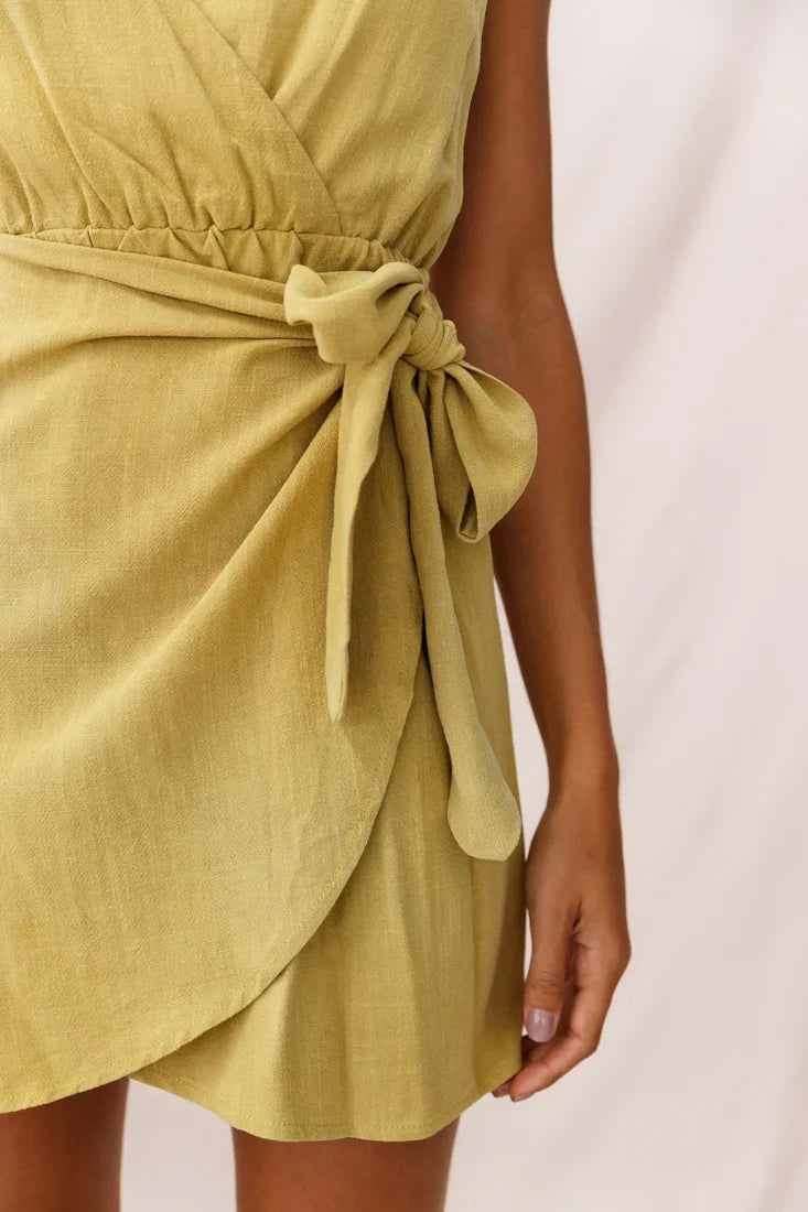 Kay Wrap Front Wooden Embellishment Dress Lime