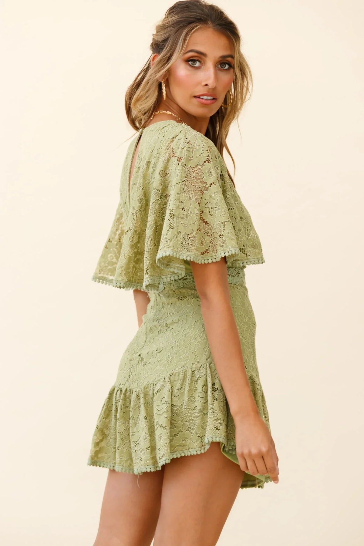 Geneva Cape Sleeve Lace Dress Khaki