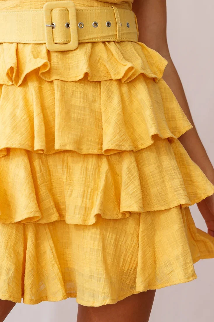 Queensland Tiered Frill Belt Dress Mustard