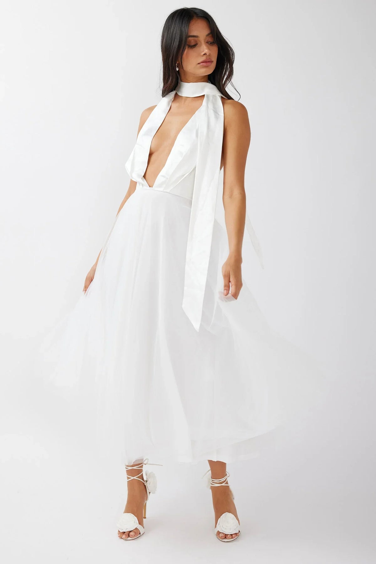 Darci Plunging Neckline Tulle Midi Dress White