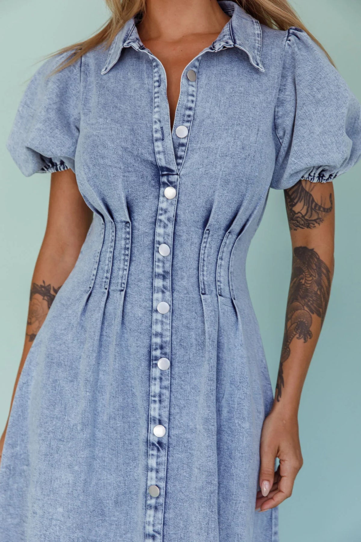 Zurich Pleated Waist Midi Dress Denim Blue