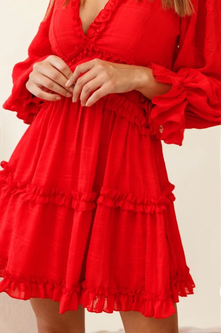 Laney Cutout Back Ruffle Trim Dress Red