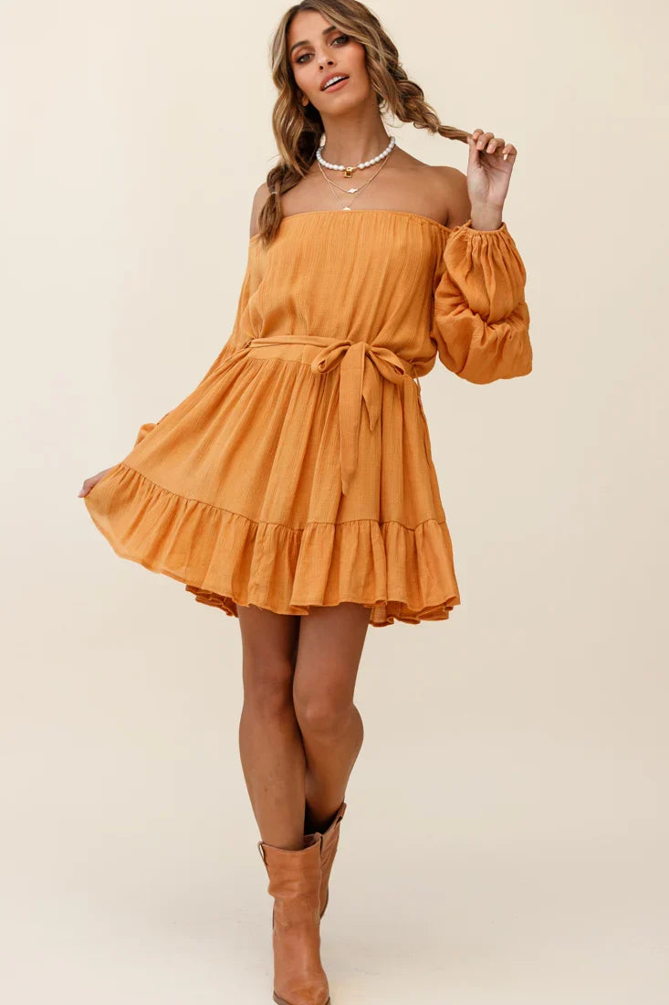 Frida Off-Shoulder Waist Tie Dress Tan