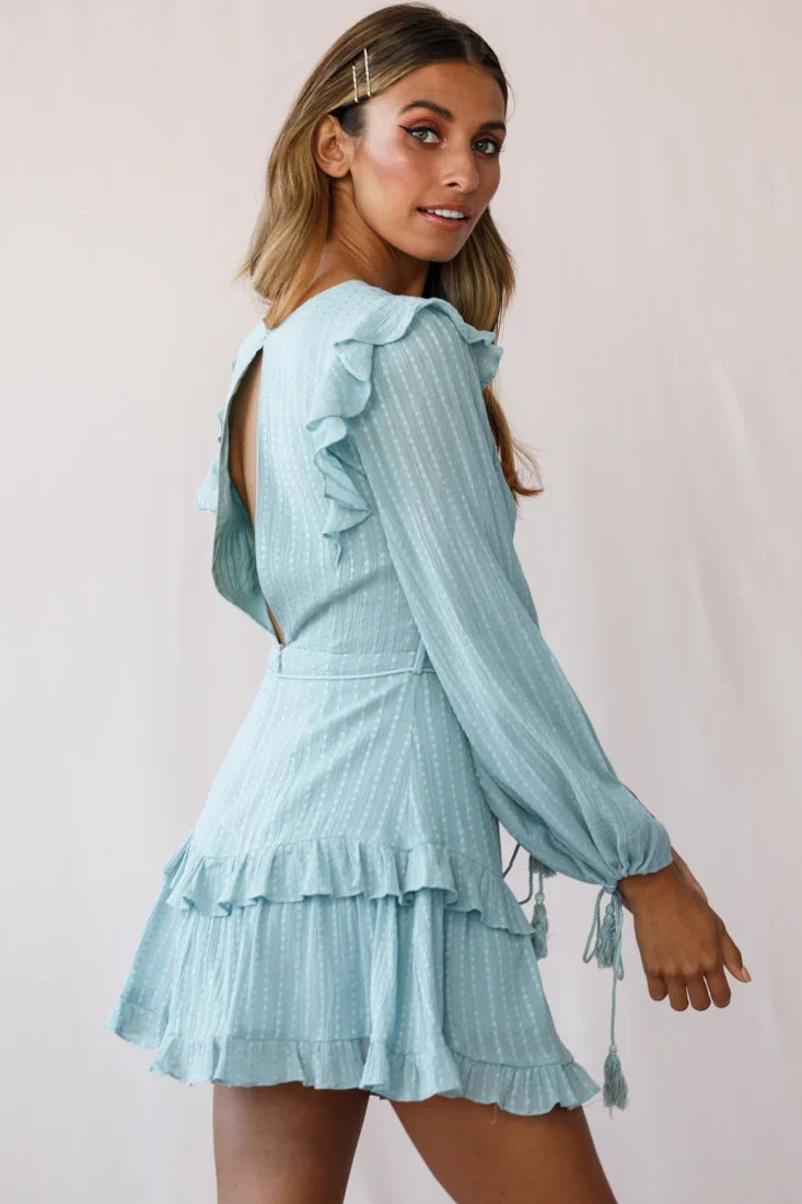 Yours Truly Bell Sleeve Ruffle Dress Sage