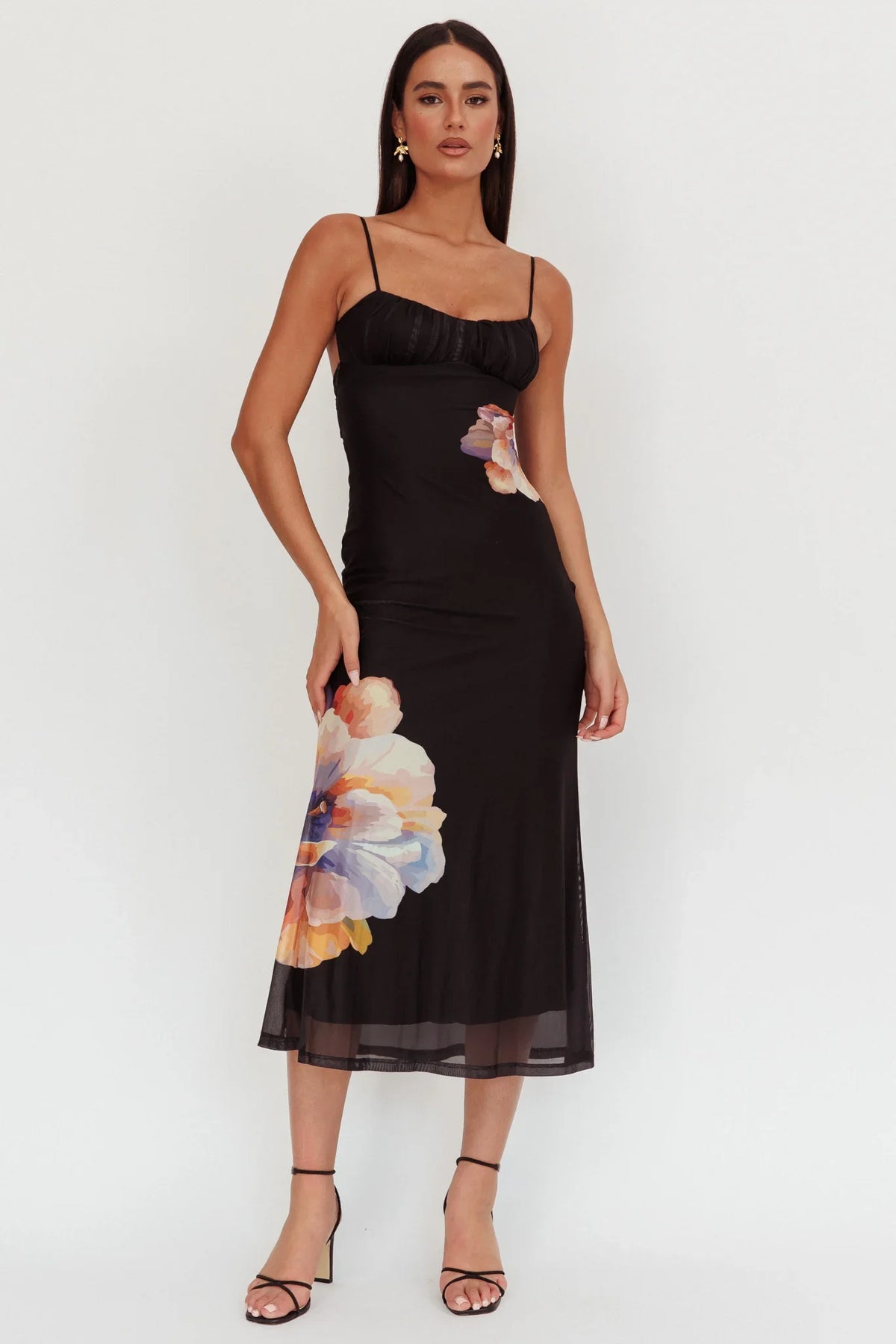 Nerida Gathered Bust Maxi Dress Flowers Black