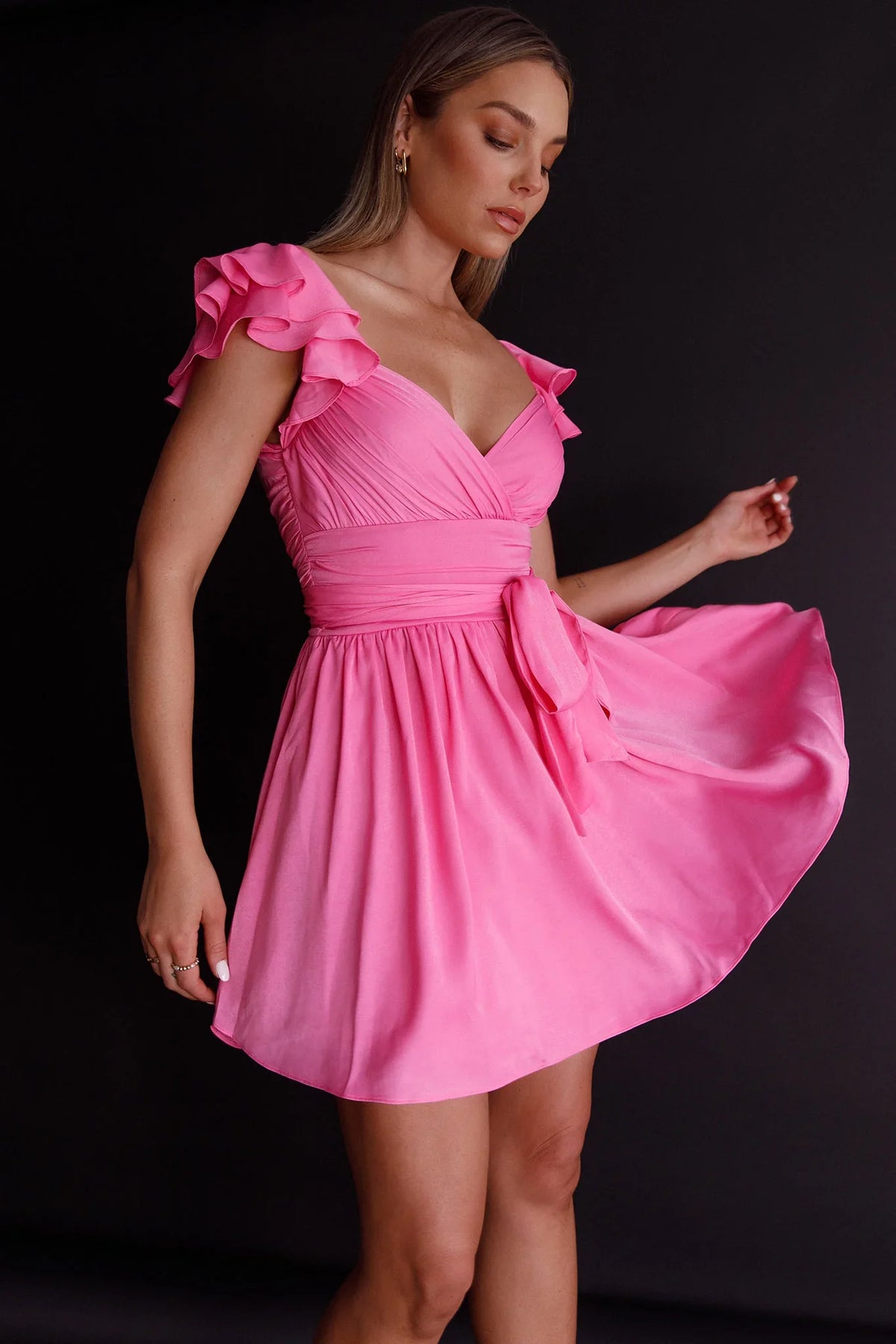 Lola Ruffle Shoulder Ruched Dress Hot Pink