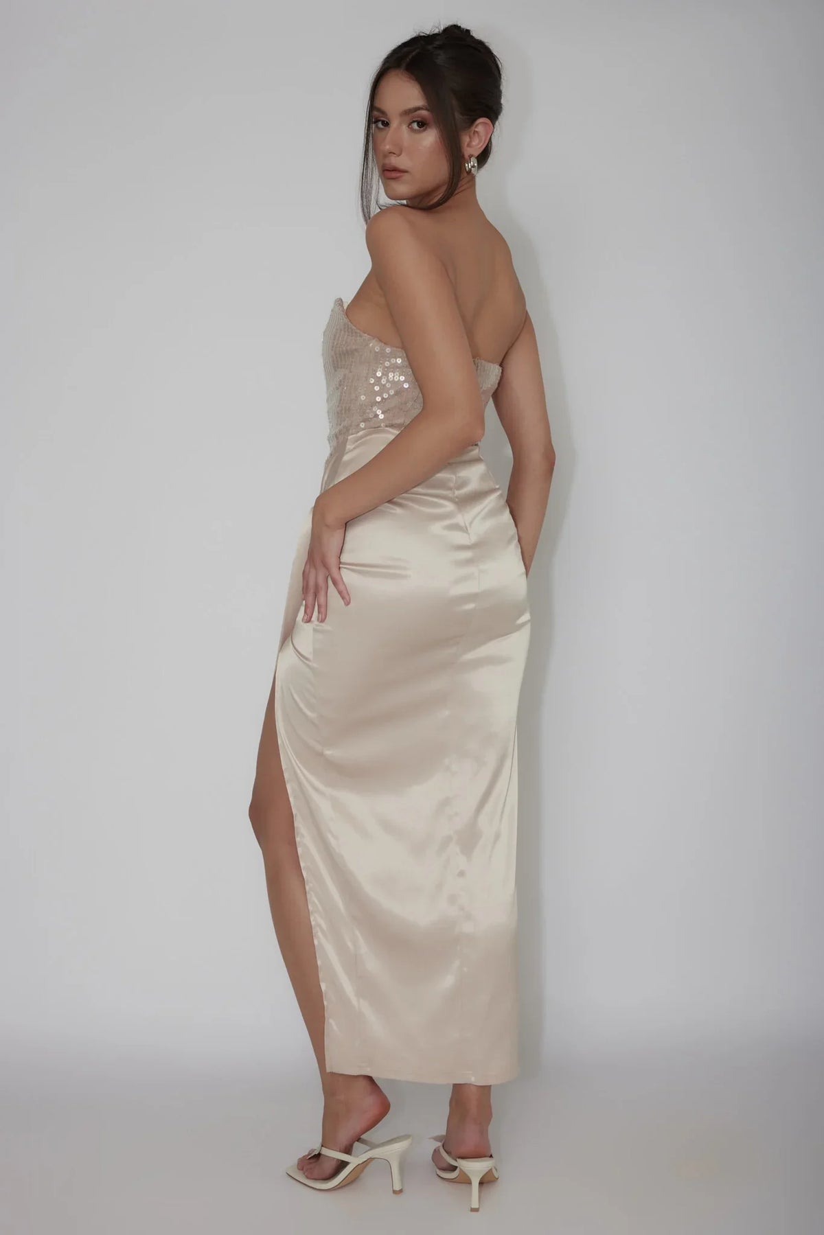 Yadira Sequin Bodice Satin Midi Dress Nude
