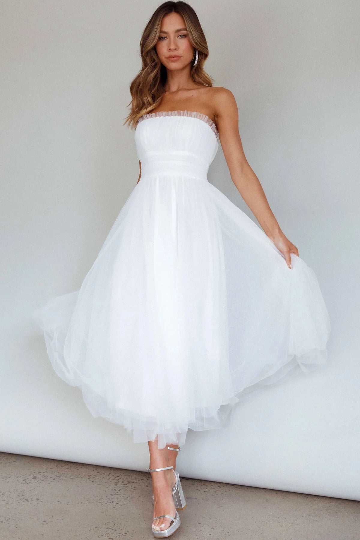 Fayette Strapless Mesh Midi Dress White