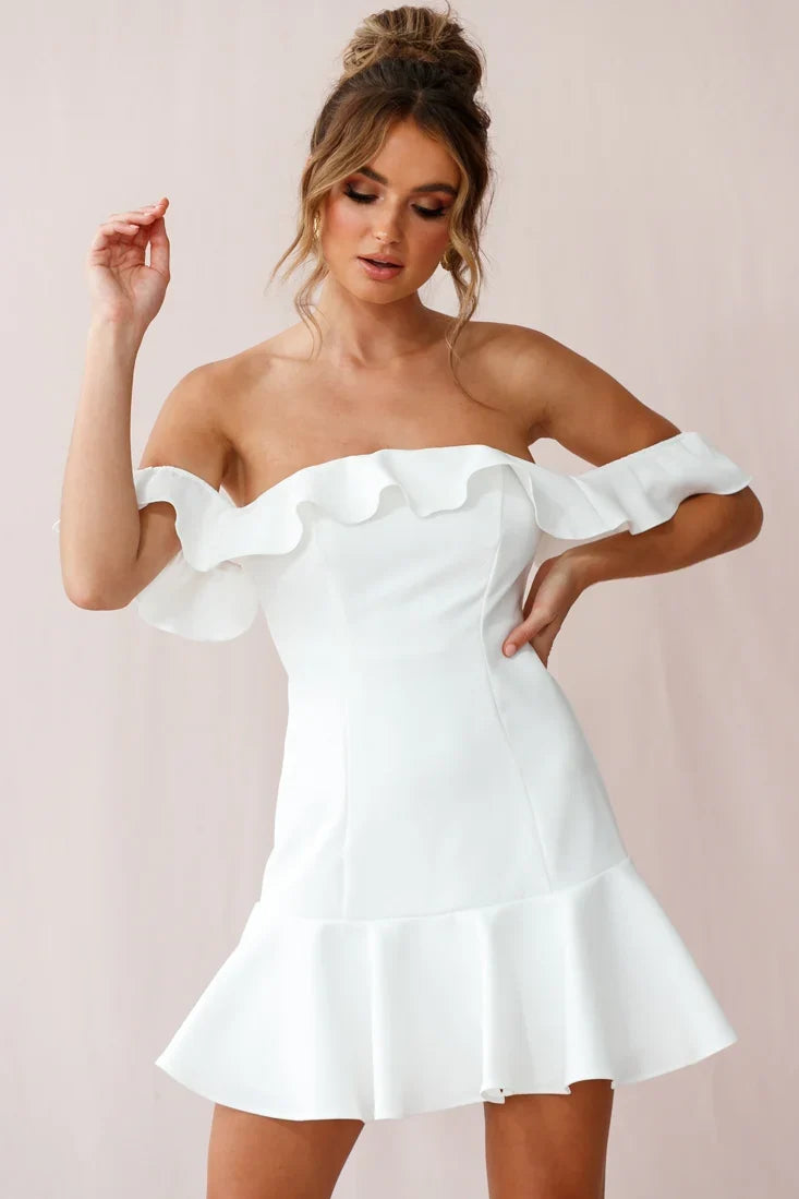 Ondine Bardot Neckline Fluted Hem Dress White
