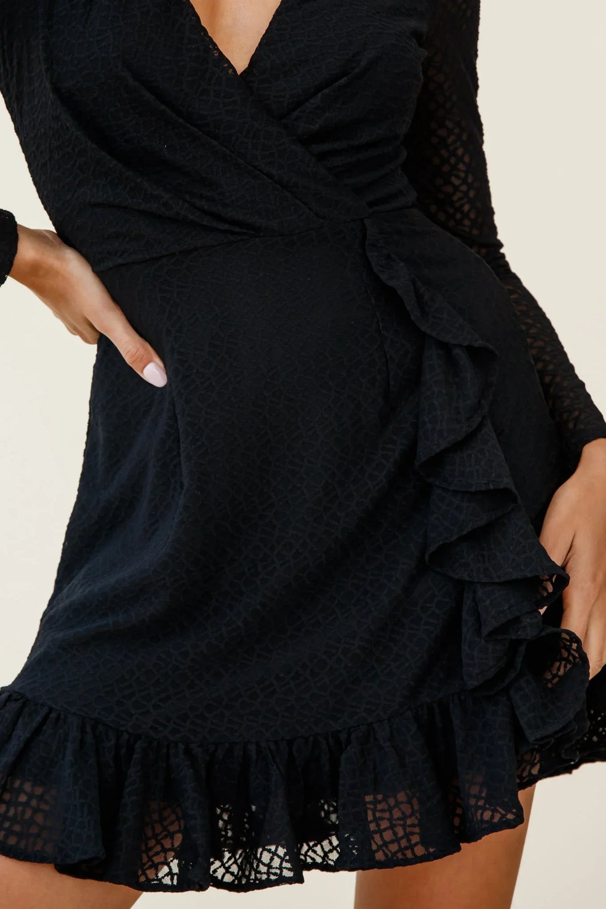 Madonna Long Sleeve Ruffle Trim Embroidered Dress Black