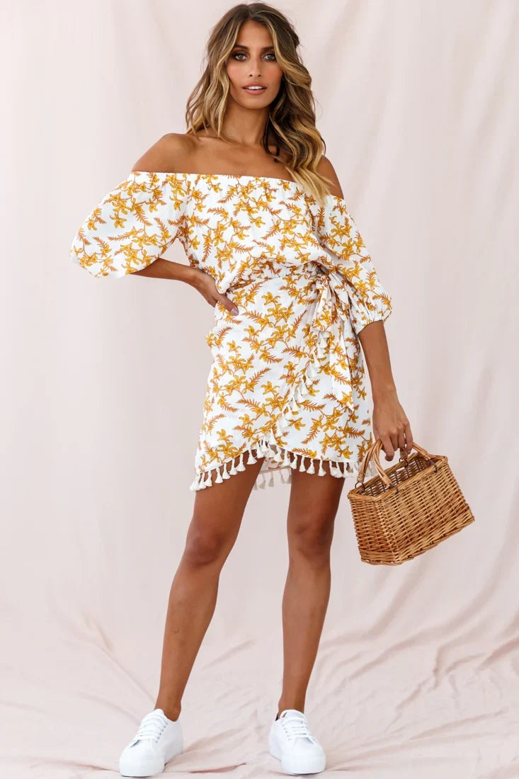 Cayman Tassel Trim Wrap Dress White/Yellow