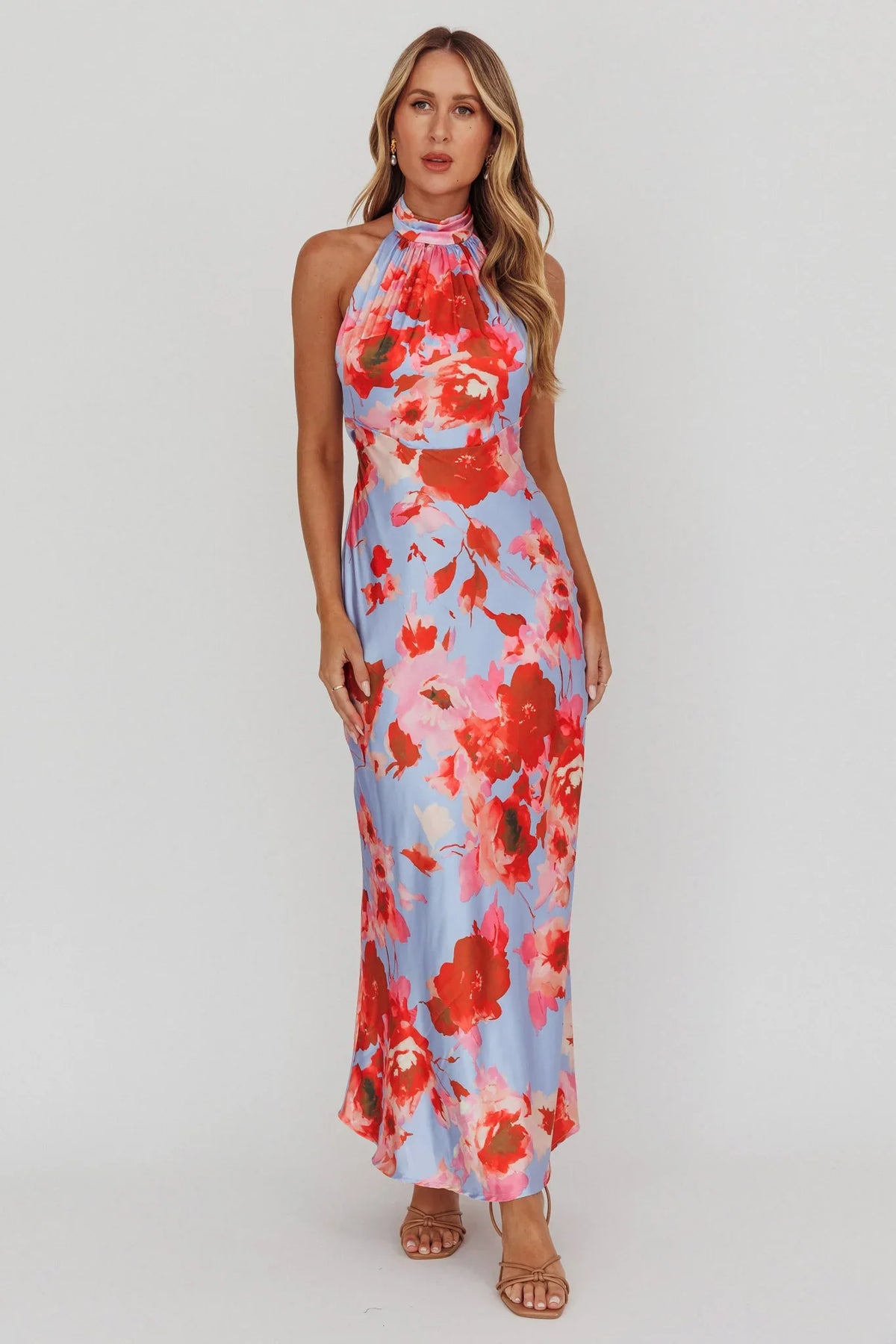 Shana Halterneck Maxi Dress Roses Blue